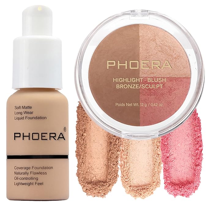 PHOERA Foundation, PHOERA Contour Palette,Shades with Highlighter & Contour/Buff Beige+#002)