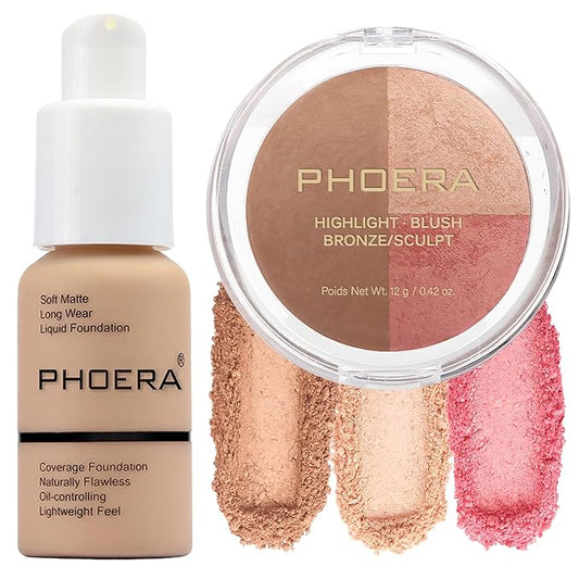 PHOERA Foundation, PHOERA Contour Palette,Shades with Highlighter & Contour/Buff Beige+#002)