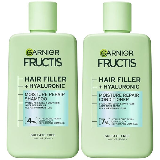 Garnier Fructis Hair Filler Moisture Repair Shampoo and Conditioner Set, Hair Care for Curly, Wavy Hair with Hyaluronic Acid, 10.1 Fl Oz, 2 Items, 1 Kit