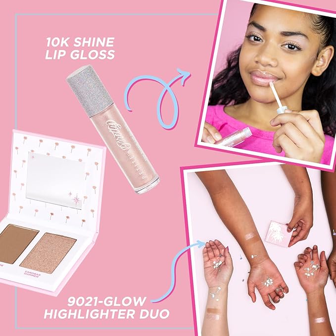 Petite 'n Pretty Makeup Set for Kids (Gold) - Face & Body Makeup for Kids, Tweens, Teens - Highlighter, Body Shimmer Glitter, Lip Gloss, Makeup Brush, Made in the USA
