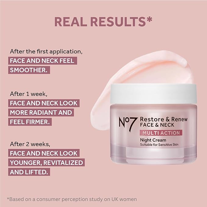 No7 Restore & Renew Face & Neck Multi Action Skincare System - SPF 30 Day Cream with Vitamin C & Collagen Peptides + anti-Aging Facial Serum + Hyaluronic Acid Hydrating Night Cream (3 Piece Kit)