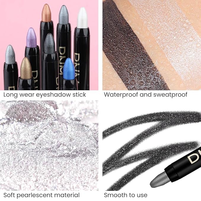 evpct 4Pcs Cream Eyeshadow Pencil Bulk Stick Set for Eyes Waterproof Pearl White Pearl Black Violet Purple Royal Blue Shimmer Metallic Eyeshadow Crayon Stick sombras en crema para ojos