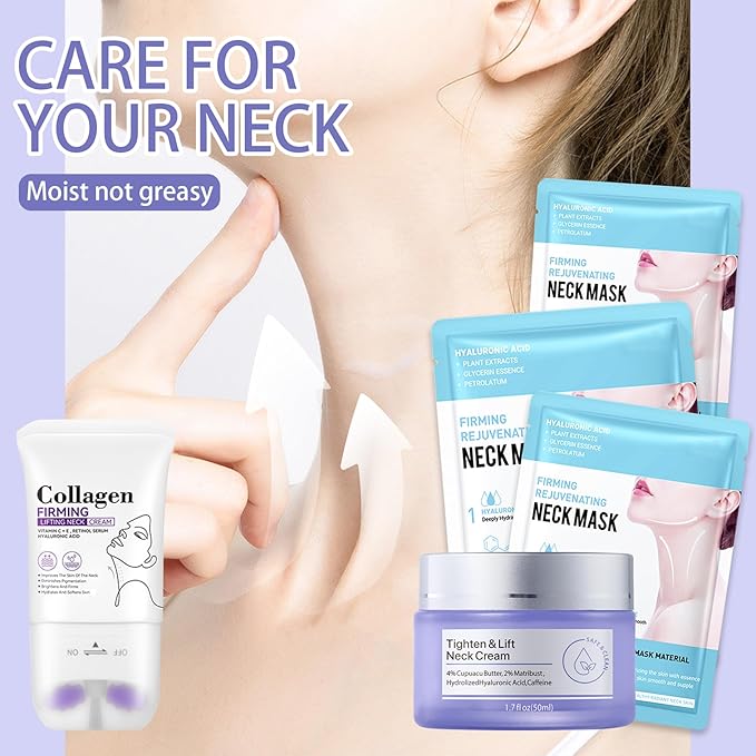 2PCS Neck Firming Cream and Neck Mask Set,Non-greasy Tighten Lift Firming Face Cream Skincare Moisturizer, 3 Pieces Deep Moisturizing Masks for Tightening, All Skin Type, 5 Pack