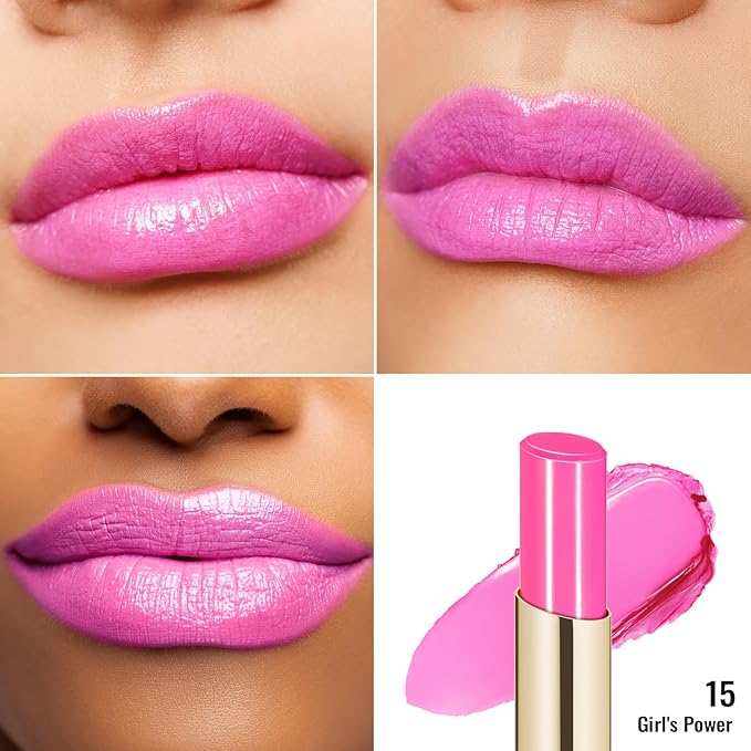 Oulac Moisturizing Shine Pink Lipstick for Women - 2 in 1 Glossy Bright Pink Tinted Lip Balm, Hydrating Winter Lipstick for Dry Lips,Shine Juicy Finish Vegan 2.2g/0.07oz (15)