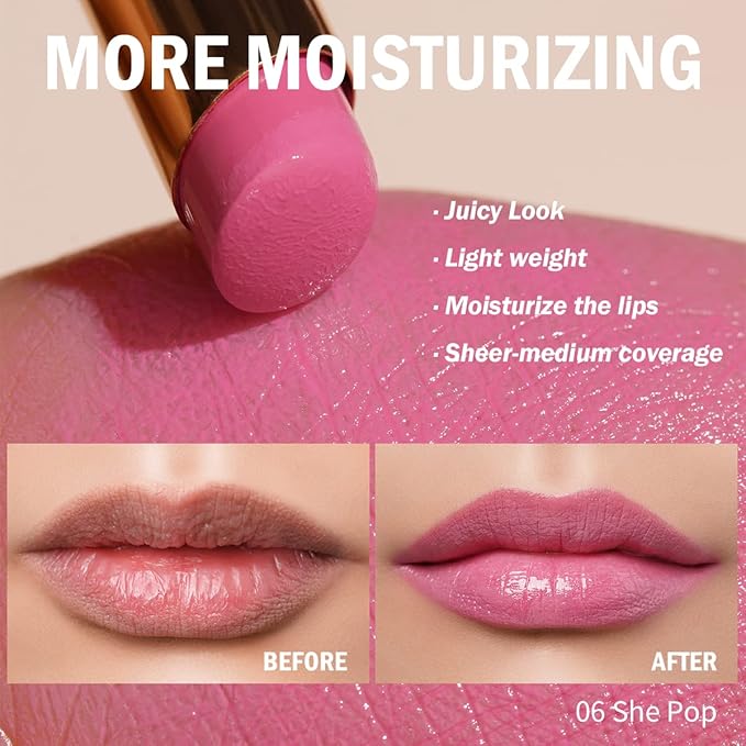Oulac Pink Lipstick Moisturizing Shine Lipstick - Moisturizing Lip Stick Glossy Tinted Lip Balm, Sheer Shine Juicy Finish, Lightweight and Hydrating Formula for Dry Lip Care, Vegan 2.2g/0.07oz (06)