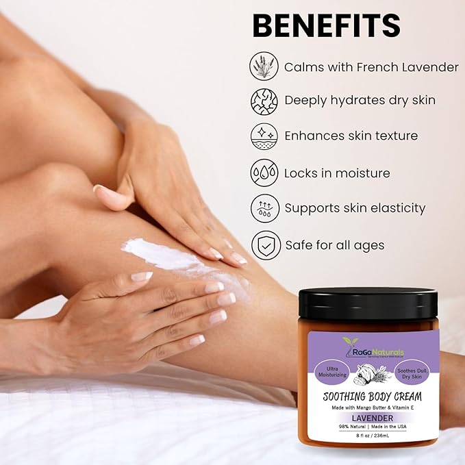 RaGaNaturals Natural Face and Body Butter Cream for Dry Skin - Calming, Nourishing & Hydrating Lavender Body Cream for Women, Men & Kids - Softens Skin and Delivers Healthy-Looking Glow - Vegan - 8 Oz