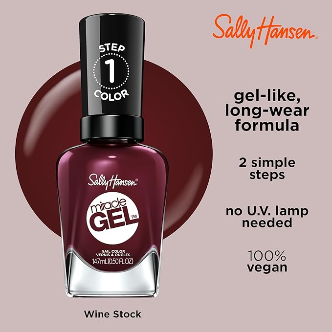 Sally Hansen Miracle Gel, Wine Stock, Long Lasting, Gel-Like Formula, No UV Lamp Needed, Opaque, Shiny Red Nail Polish