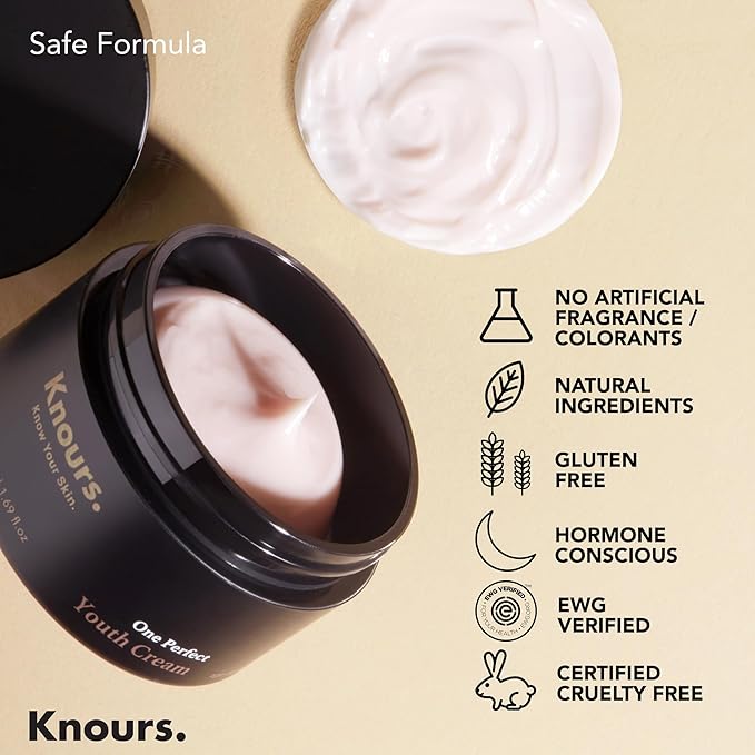 Knours. Moisturizing Shea Butter + Sweet Almond Oil Youth Cream, A rich cream that deeply rejuvenates skin, rich combination of vegan oils - EWG Verified Clean Beauty 50ml 1.69 oz.
