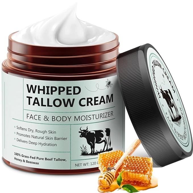 Beef Tallow for Skin, Beef Tallow Moisturizer, 4.2 oz Organic Whipped Grass Fed Beef Tallow with Honey Cream for Face & Body, Unscented