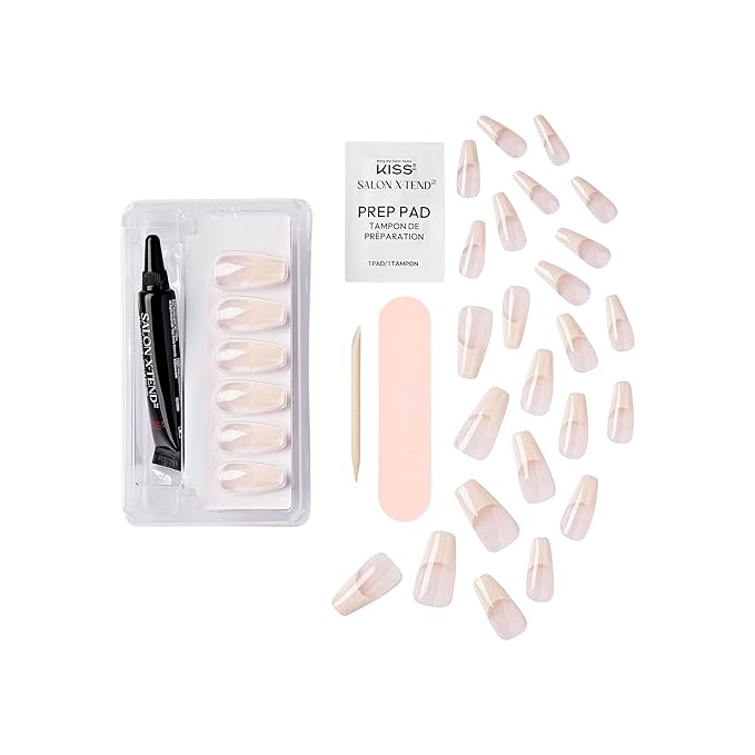 KISS Salon X-tend, Press-On Nails, Nail glue included, 'Trustfall', Beige, Long Size, Coffin Shape, Includes 30 Nails, 5Ml Led Soft Gel Adhesive, 1 Manicure Stick, 1 New Mini File, New Prep Pad