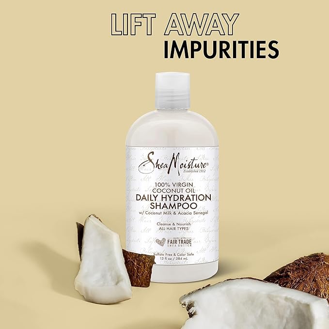 SheaMoisture Virgin Coconut Shampoo, Daily Hydration – Color-Safe Formula with Organic Shea Butter for All Types, Curly Hair Care, 13 Oz