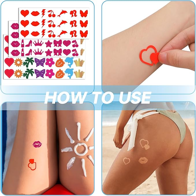 225 Pieces Tanning Stickers, Sunbathing Tattoo Body Sticker Self Adhesive for Indoor Tanning Beds, 15+ Styles Heart Butterfly Lips Strawberries Shaped