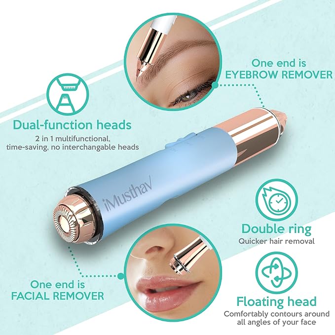 2-in-1 Portable Rechargeable Painless Eyebrow Trimmer & Facial Hair Remover, removes eyebrow, face, lips and body hair for women. 18K gold plated hypoallergenic heads, 360° LED light for Hair Remover