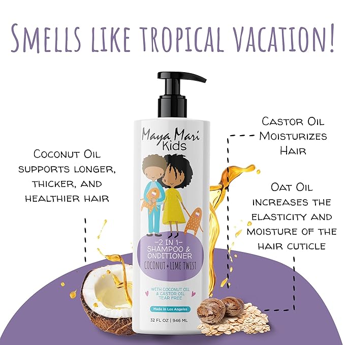 2 in 1 Natural Kids Shampoo and Conditioner, Tear Free | For Toddlers with Curly Hair | For All Kids Hair Types | Coconut & Lime Twist, Made in the USA, 32 Fl Oz