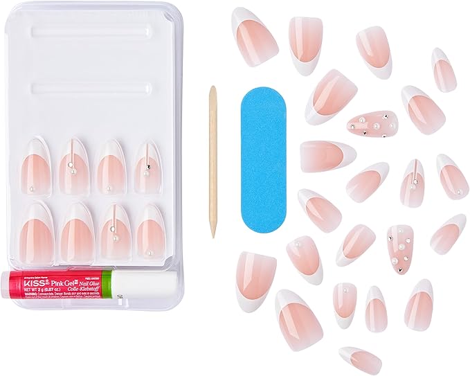 KISS Classy Nails Premium, Press-On Nails, Nail glue included, 'Highlights', French, Medium Size, Almond Shape, Includes 30 Nails, 2g glue, 1 Manicure Stick, 1 Mini File