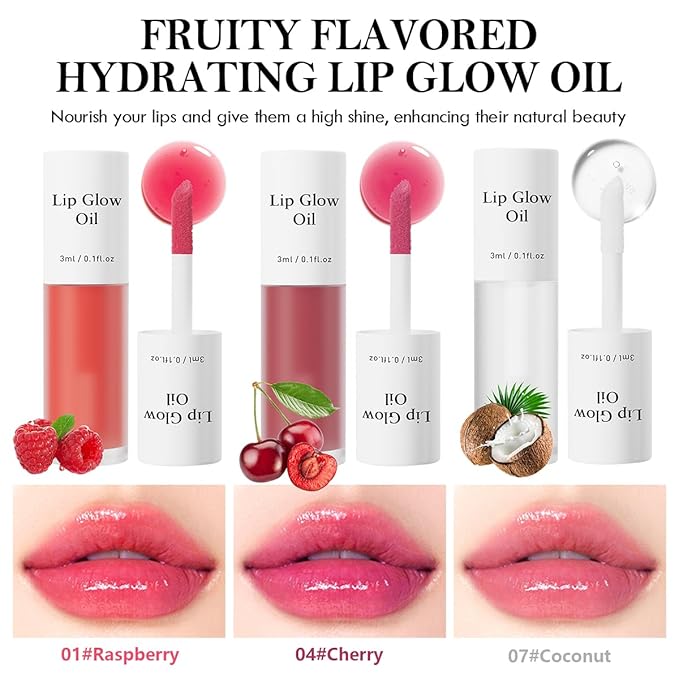 2Pcs Hydrating Lip Glow Oil,Plumping Lip Gloss,Moisturizing Transparent and Nourishing Non-stick Cup Fruit Flavored Lip Oil for Reducing Lip Lines and Lip Care(04#+07#)