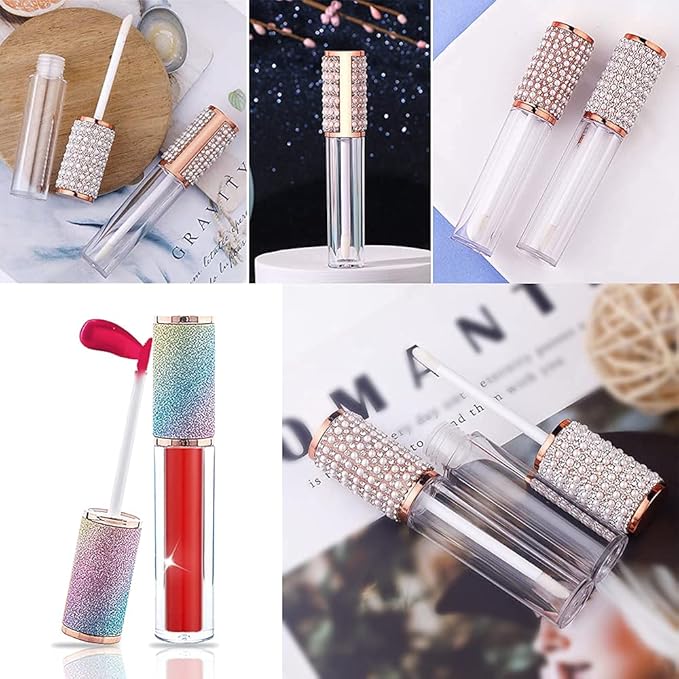 AMORIX 72 Pack 5ml Crystal Rhinestone Lip Gloss Tubes with Wand 5ml Empty Lip Gloss Containers Lipgloss Bottles with Stoppers 4pcs Syringes + Labels for DIY Lip Gloss Balm