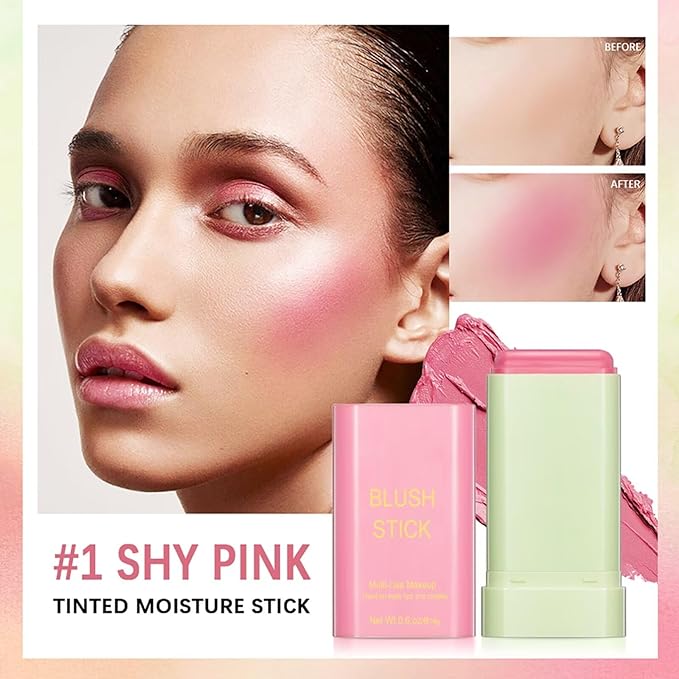 Multi-Use Makeup Blush Stick,Beauty Solid Moisturizer Stick,Waterproof Natural Cheek(1#shy pink)