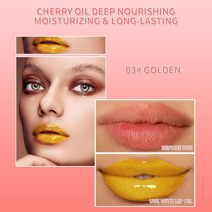 Hydrating Lip Glow Oil Long-Lasting Nourishing Lip Gloss Moisturizing Non-Sticky Plumping Lip Stain Tinted Cherry Oil Lip Care (Golden)