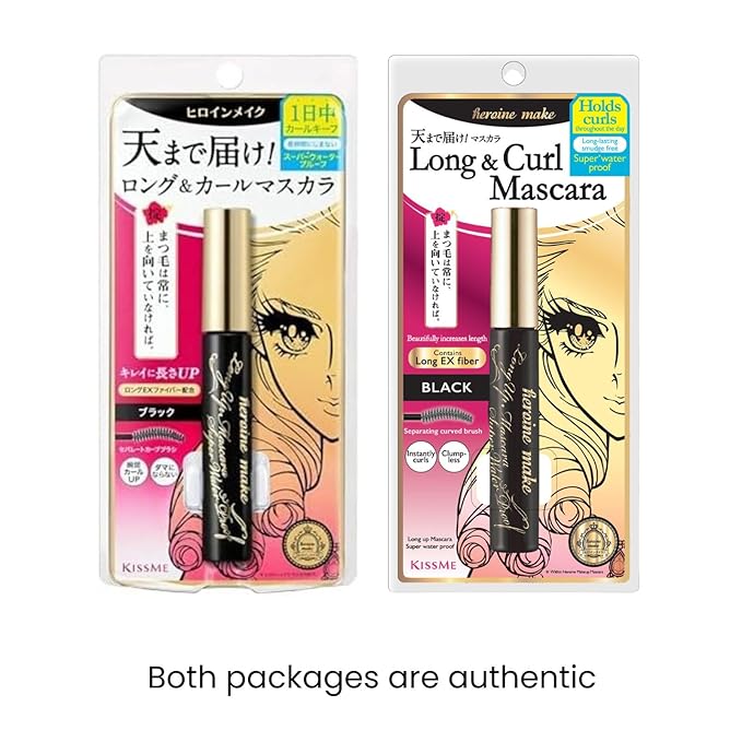 HEROINE MAKE by KISSME Mascara Duo Set | 2 Full-Size - Long & Curl Up Waterproof Mascara Black, Lengthening & Volume Fiber Tubing Mascara + Gentle Eye Makeup Remover for Waterproof Mascara