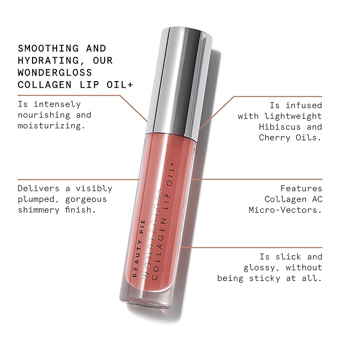 Beauty Pie Wondergloss Collagen Lip Oil + (Nude Nectar) – Hydrating, Plumping, Non-Sticky Gloss with Collagen AC Micro-Vectors & Cherry Oils