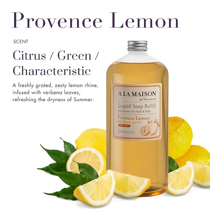 A LA MAISON French Liquid Hand Soap Refill, Provence Lemon - Natural Hand Wash Made with Essential Oils - Biodegradable, Plant-Based, Vegan, Cruelty-Free, Alcohol & Paraben Free (33.8 oz, 2 Pack)