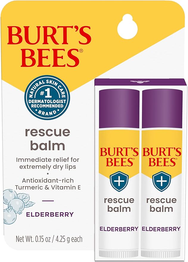 Burt's Bees Rescue Balm Elderberry Lip Balm, With Antioxidant-Rich Elderberry, Tint-Free, Natural Origin Lip Care, 2 Tubes, 0.15 oz.