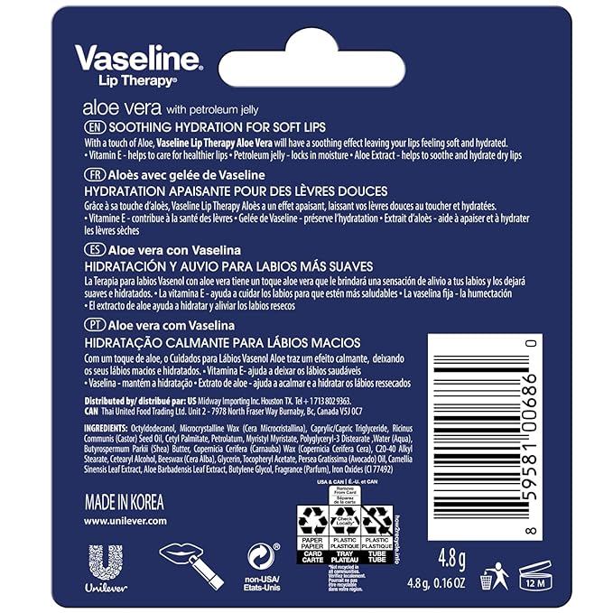 Vaseline Lip Therapy Care Aloe Fresh, Fast-Acting Nourishment, Ideal for Chapped, Dry, Cracked, or Damaged Lips, Lip Balm, 4-Pack, 0.16 Oz Each