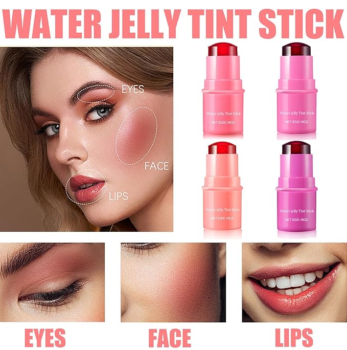 4PCS Milk Cooling Water Jelly Tint, Jelly Tint Makeup Jelly Blush Stick, Cruelty Free, Milk Jelly Blush, Blush Stick for Cheeks and Lips with Gift