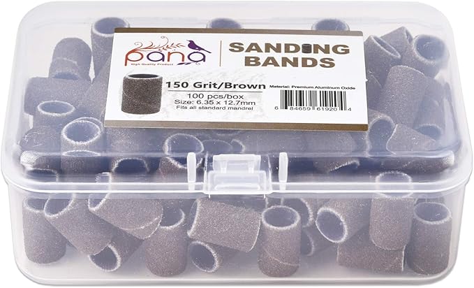 PANA 100 Pieces Nail Sanding Bands Professional Nail Manicure Great Fit for Nail Drill Bits for Acrylic Nails (150 Grit, Brown)