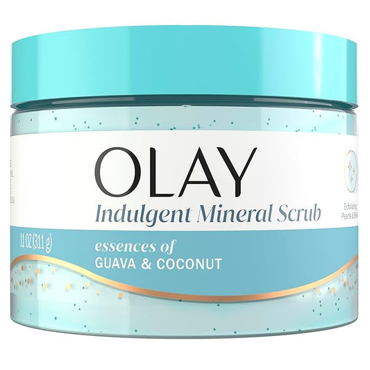 Olay Body Indulgent Mineral Scrub, Skin Exfoliating & Massaging Pearls, Nourishing Soft & Gentle Formula, Renewing BHA, Vitamin B3 Complex, Luxurious Fragrances, Coconut & Guava Scent, 11 oz
