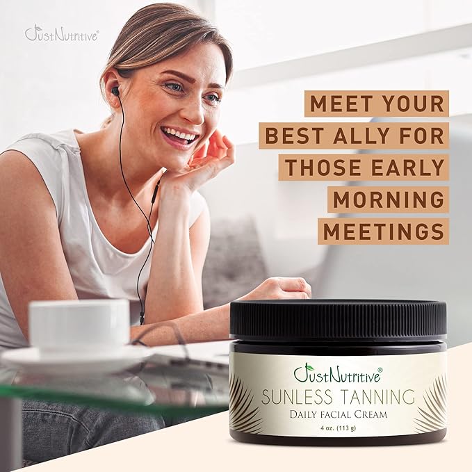 Sunless Tanning Daily Facial Cream | Self-Tanner | Sunless Tanning Lotion | Self-Tanning Lotion | Sunkiss Glow | Just Nutritive | 4 Oz