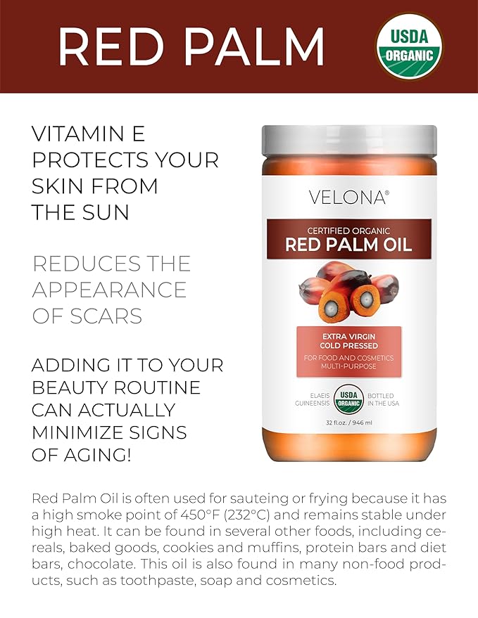 velona USDA Certified Organic Red Palm Oil 32 Fl Oz | Food and Cosmetic Grade | in jar | Extra Virgin, Cold Pressed | Skin, Face, Body, Hair Care | Use Today - Enjoy Results