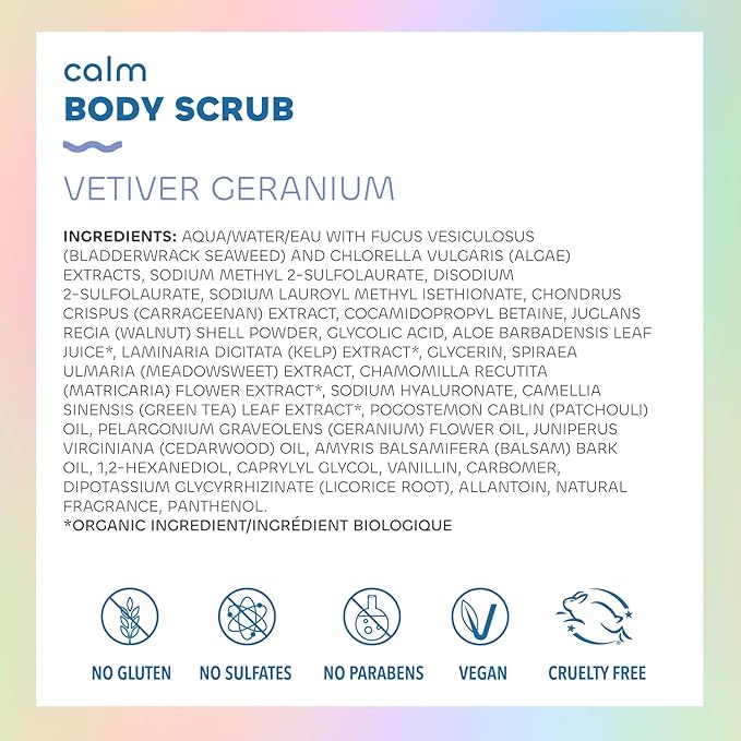 Seaweed Bath Co. Calm Body Scrub, Vetiver Geranium Scent, 6 Ounce, Sustainably Harvested Seaweed, Sea Kelp, Glycolic Acid