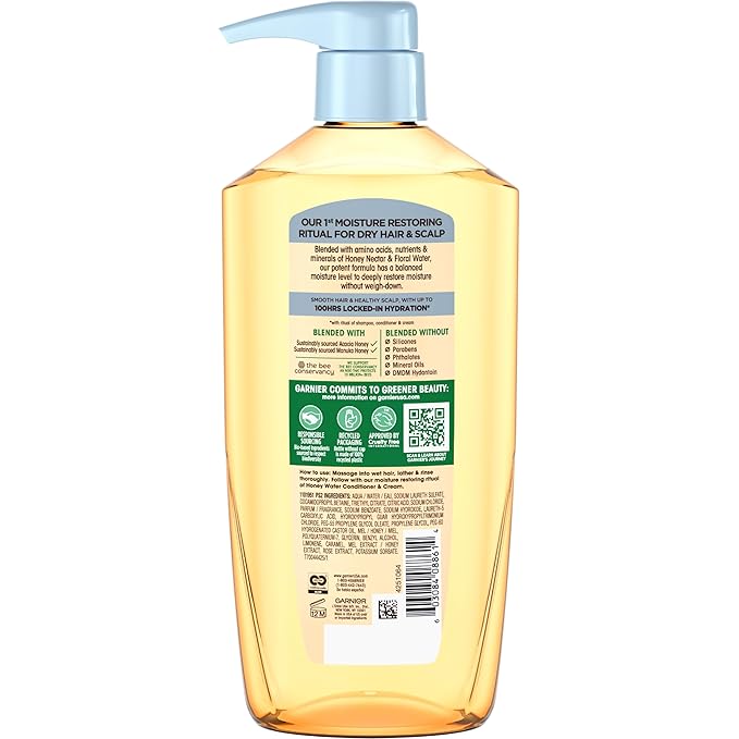 Garnier Whole Blends Honey Water Moisture Restoring Shampoo, Hair Care for Dry Hair and Dry Scalp with Honey Nectar and Floral Water, 28 Fl Oz