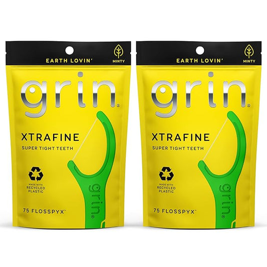 GRIN XtraFine Flosspyx, Floss Picks, 75 Count, Dental Flossers, Minty Flavor, Recycled Plastic, for Super Tight Teeth, Longer Floss Head, Slide Between Teeth, Includes Safe Soft Fold-Back Tooth Pick