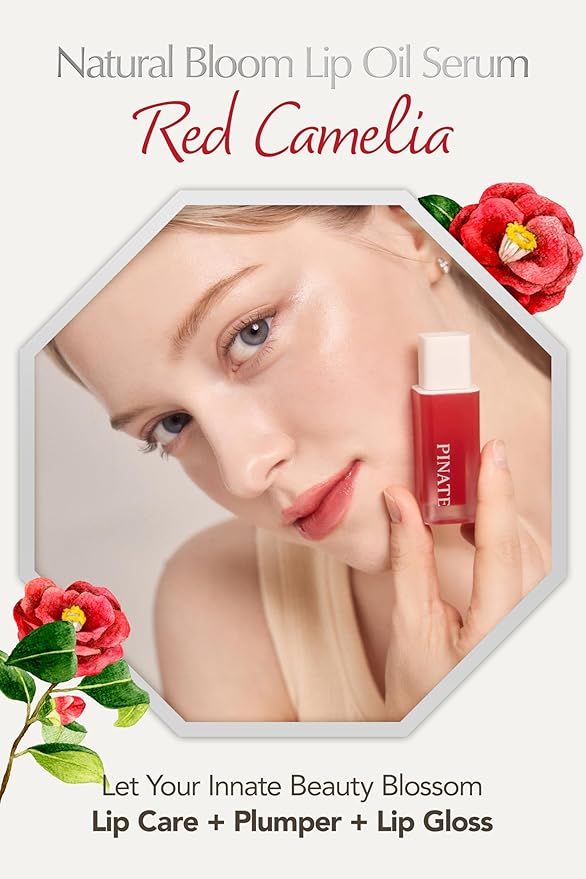 Natural Bloom Korean Lip Oil Serum 0.14 fl oz | Moisturizing Lip Booster Plumping Oil Tint Serum Enriched w/Camellia & Safflower Oils | Non-Irritating Color Changing Lip Oil (Red Camelia)