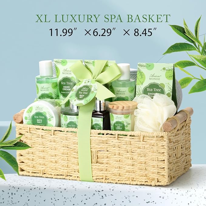 Spa Gift Basket - Tea Tree Bath Set With Shower Gel, Bubble Bath, Hand Cream, Soap, Salt, Essential Oil - Luxury Body Gift Kit for Women