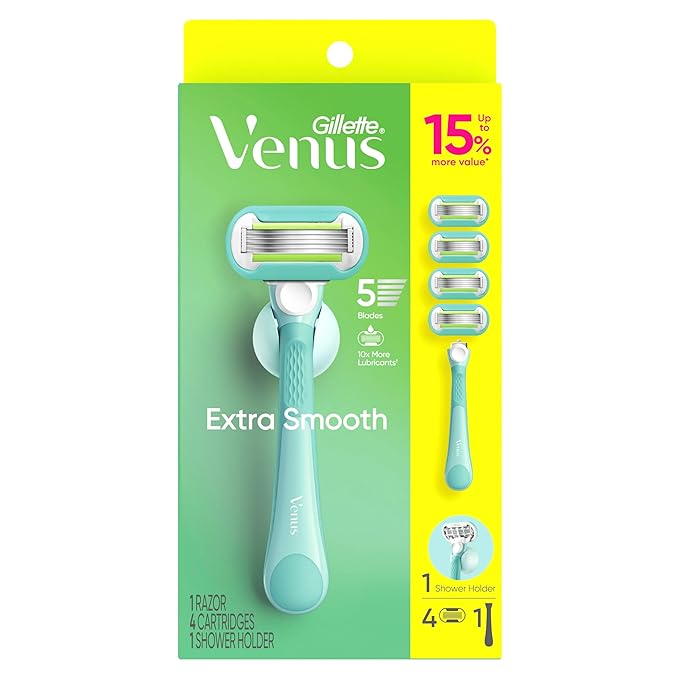 Gillette Venus Extra Smooth Razor for Women, Includes 1 Reusable Razor Handle + 4 Refills, 5-Bladed, Ergonomic No-Slip Gel Handle and Shower Holder