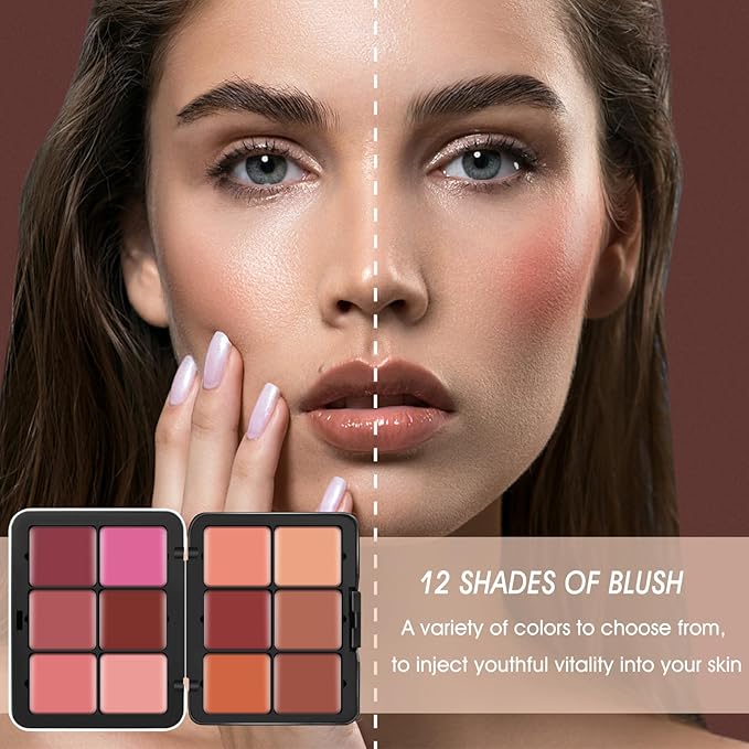 12 Colors Cream [Blush] Makeup Palette for Cheeks - All in One Blush Makeup Palette Kit with Brush, Natural Matte Long Wearing, Waterproof Blendable Face Make Up Pallete (#01)