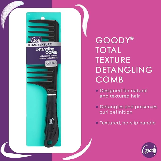 GOODY Total Texture Detangling Handle Comb, Wide Spaced Teeth Preserve Curl Definition, Pain-Free Hair Accessories for Women & Girls, Durable for Everyday and Professional Use, Black