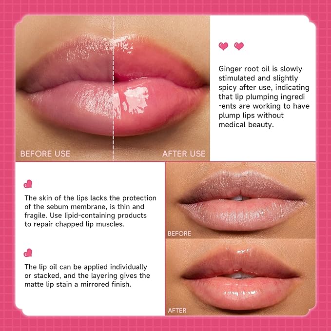 Lip Plumper Gloss High-Shine Liquid Lip Plumping Color, Long-Lasting Plumper Pout, Moisturizing, Non-Sticky With Natural Ginger Extract Portable 6 Colors(04#Cherry)