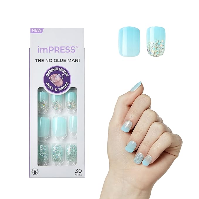 KISS imPRESS No Glue Mani Press-On Nails, Mini, 'Eternity', Medium Blue, Short Size, Squoval Shape, Includes 30 Nails, Prep Pad, Instructions Sheet, 1 Manicure Stick, 1 Mini File
