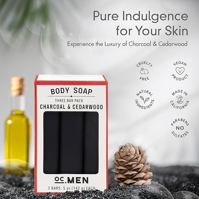 Olivia Care Activated Charcoal Cedarwood Bar Soap 3 Pack Set 100% Natural & Organic – For Face & Body - Deep Clean, Exfoliate, Moisturize & Hydrate - Amazing Masculine Fragrance - 3 X 5 OZ