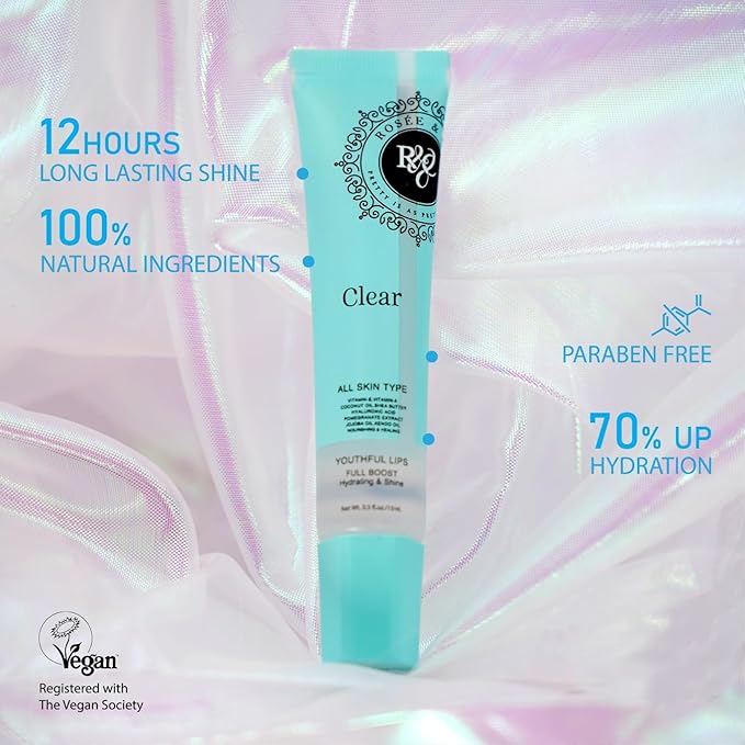 ROSÉE & CO Rosee Lip Gloss Vegan & Cruelty Free Treatment, Professional Make up, Long Lasting Glossy with Shea Butter, Moisturize, Protect & Smooth, High Shine, Non-Sticky - Clear, 05 Fl oz
