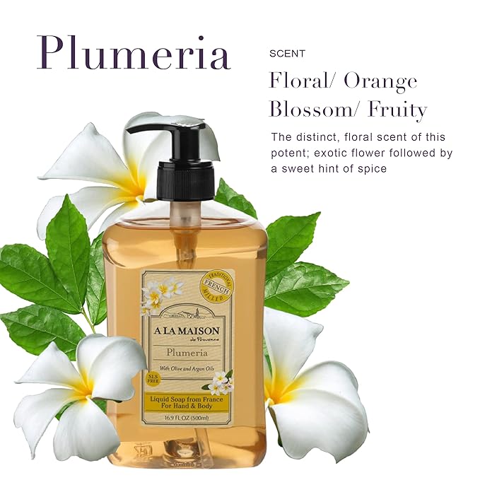 A LA MAISON French Liquid Hand Soap, Plumeria - Natural Hand Wash Made with Essential Oils - Biodegradable, Plant-Based, Vegan, Cruelty-Free, Alcohol & Paraben Free (16.9 oz, 2 Pack)