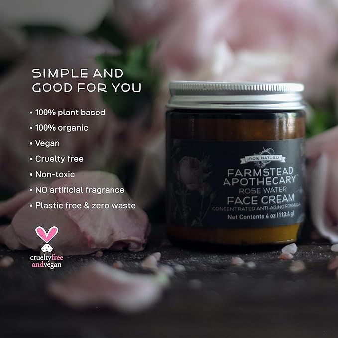 Farmstead Apothecary 100% Natural Anti-Aging Rose Water Face Cream 4 oz