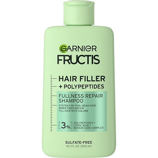 Garnier Fructis Hair Filler Fullness Repair Shampoo, Volumizing Shampoo with Polypeptides and Hair Repair Complex for Thin, Weak Split Ends, 10.1 Fl Oz