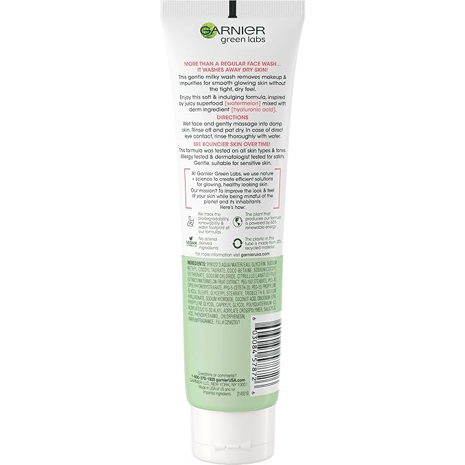 Garnier SkinActive Green Labs Hyalu-Melon Smoothing Milky Washable Cleanser with Hyaluronic Acid + Watermelon for Dehydrated Skin, Fine Lines, (Packaging May Vary), 4.4 FL Oz