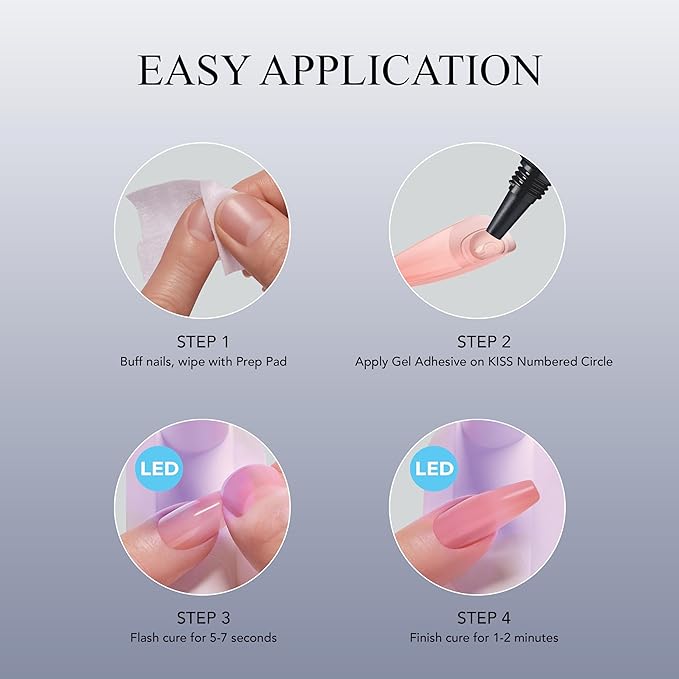 KISS Salon X-tend, Press-On Nails, Nail Glue Included, 'Satellite', Light Silver, Short Size, Coffin Shape, 30 Nails, 5Ml Led Soft Gel Adhesive, 1 Manicure Stick, 1 New Mini File, New Prep Pad